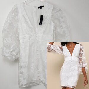 Lulus Dramatic Energy Floral Burnout Balloon Sleeve Mini Dress White Small NWT